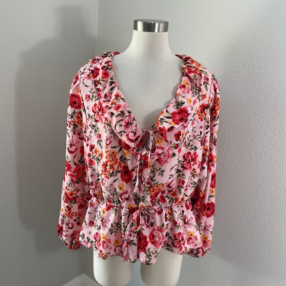 Old Navy Womens XL Pink Floral Ruffle V Neck Peplum Blouse Long Sleeve Top